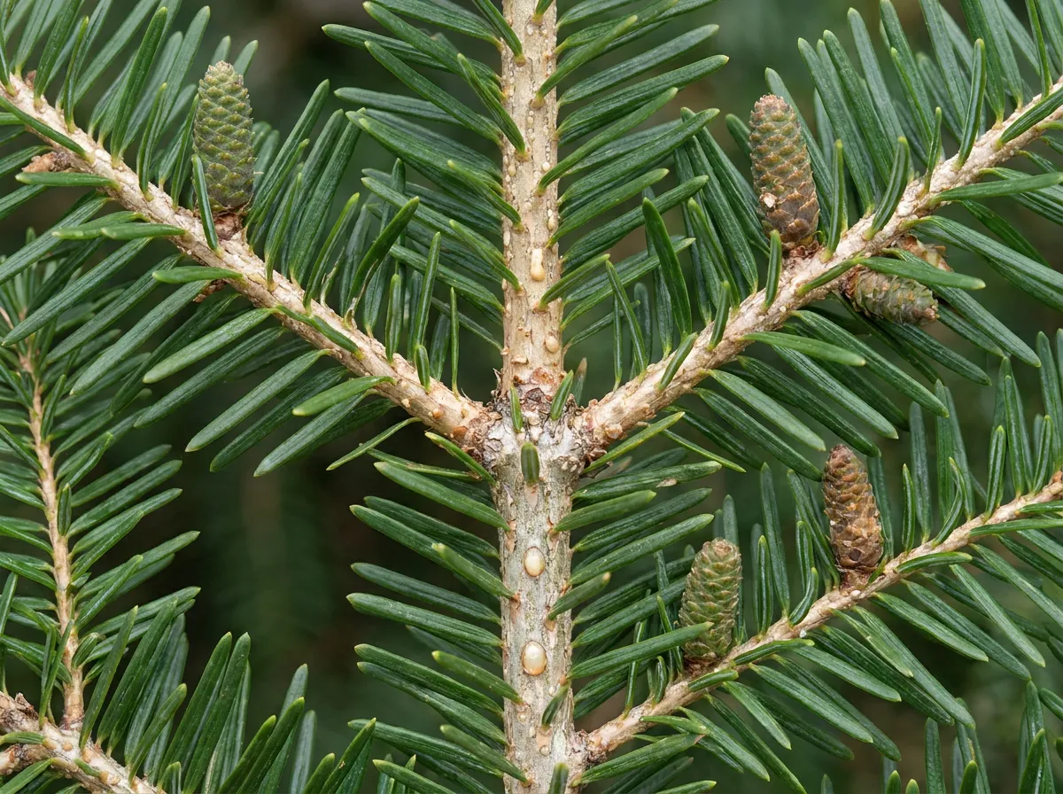 Flat glossy balsam fir needles on young twigs in snowy forest light