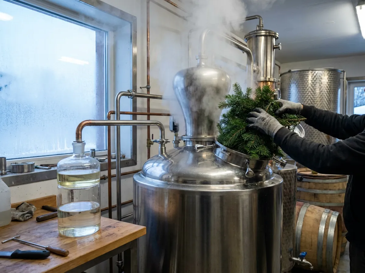Fresh fir boughs loaded into a still in a working distillery